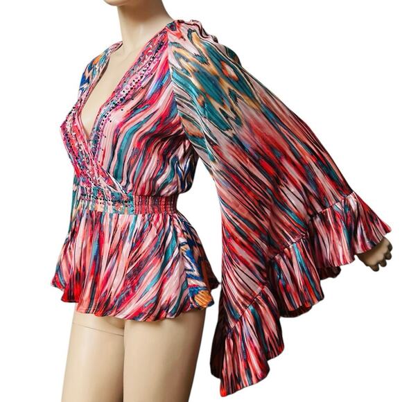 Karen Millen Beaded Embellished Drama Kimono Top Size 6 Wide Long Sleeves - Picture 5 of 13